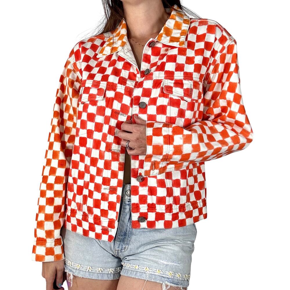 Vintage Bill Blass Reworked Hand Painted Checkerboard Denim Jacket Unisex 1980s